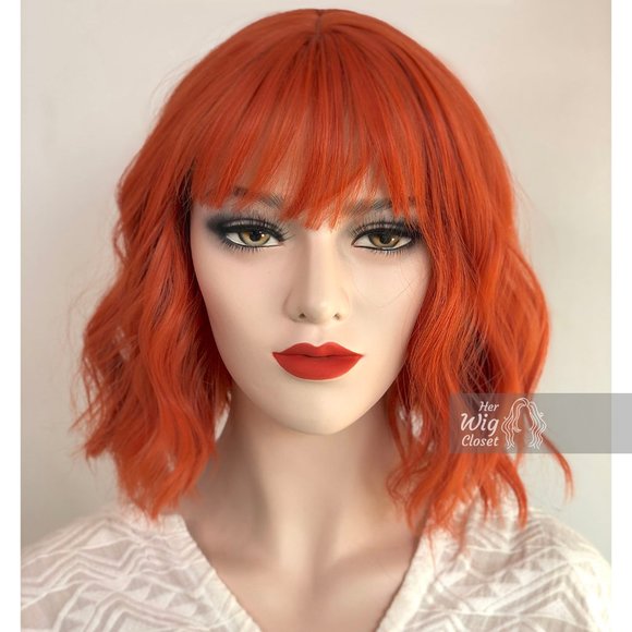 Her Wig Closet Accessories - 12" Red Orange Wavy Bob Wig with Bangs | Lola